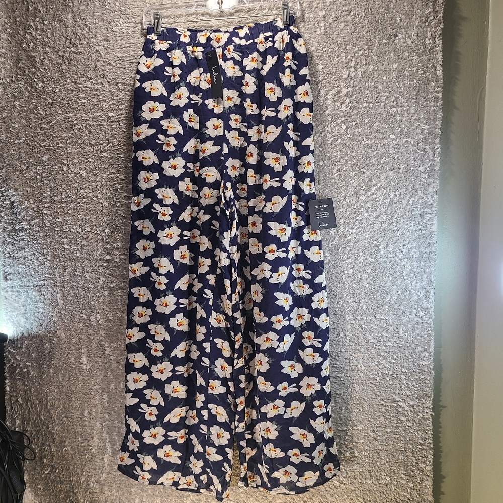 LULU’S Women's Blue White Floral Print Wide-Leg Size S Cotton Rayon Pant NWT